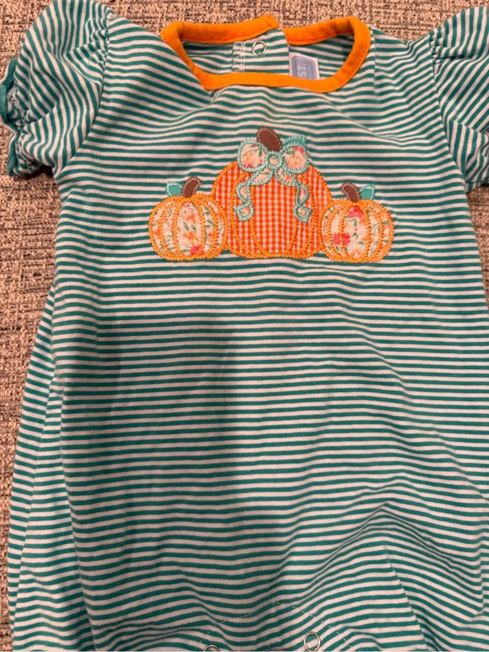 Baby Girls Pumpkin Appliqué Stripe Bubble Romper 6M Halloween Fall Outfit